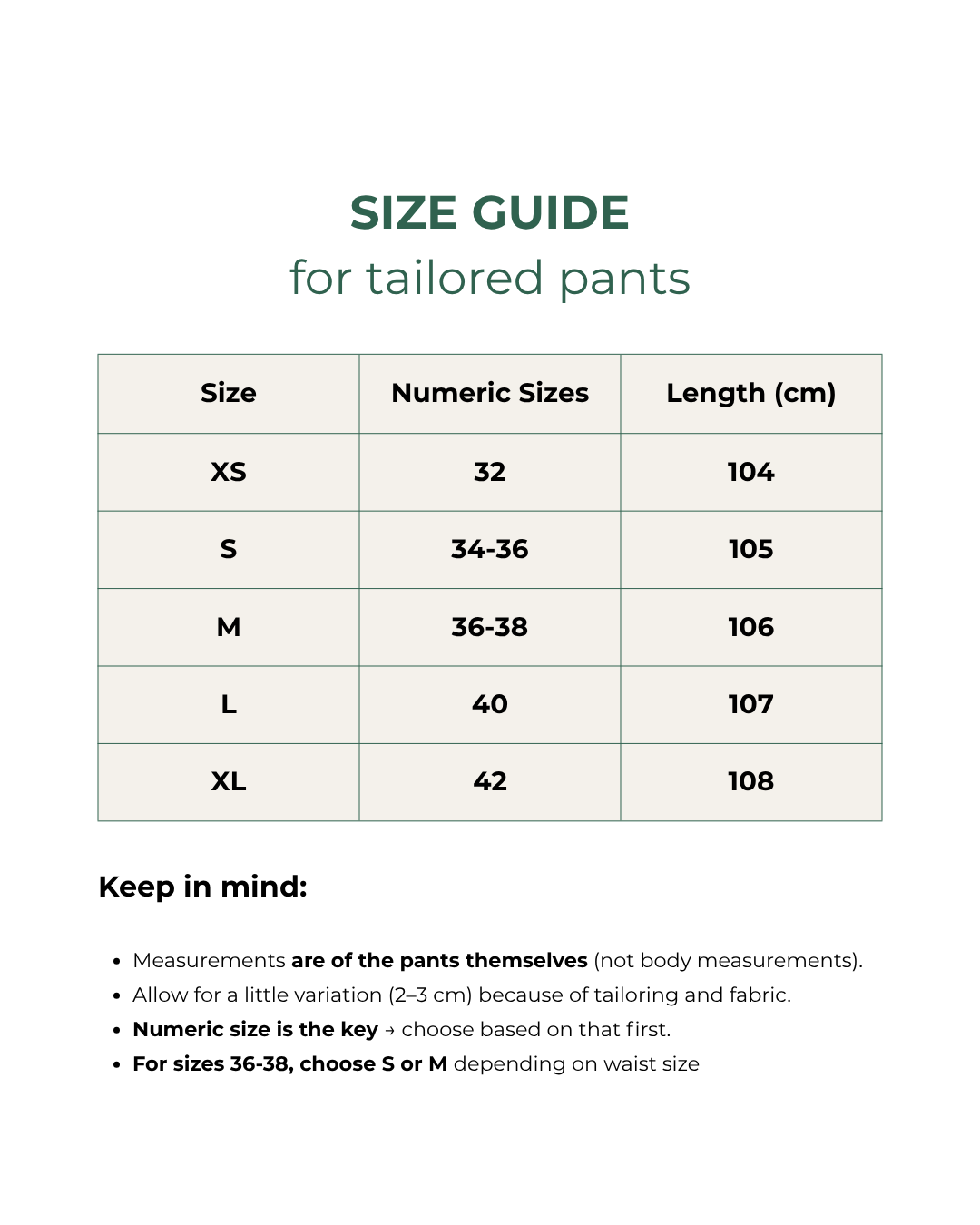 Size guide for tailored pants with numeric and length measurements.